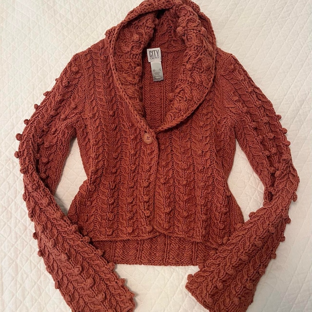 CITY DKNY Rust Orange Chunky Cable Knit Cardigan Sweater
